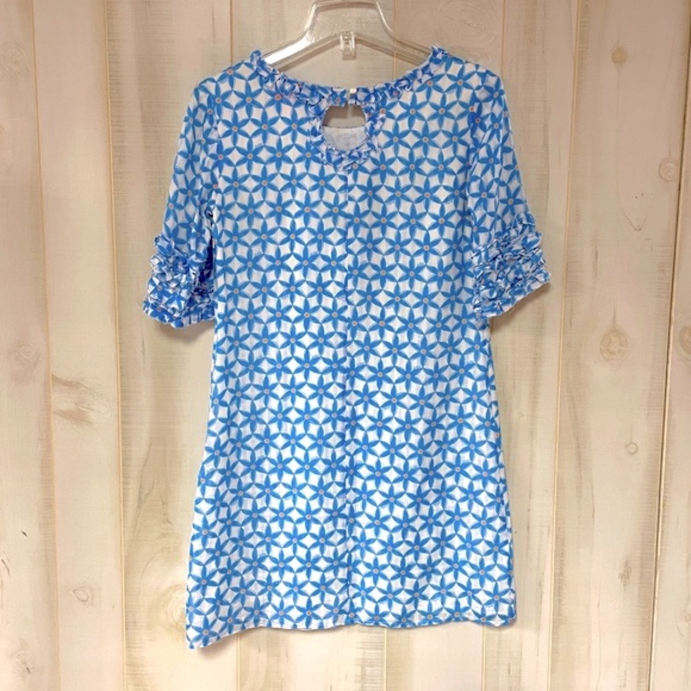 Lilly Pulitzer Dasha Coastal Blue Star Fruit Silk Ruffle Sheath Dress Sz 2 - Picture 3 of 8